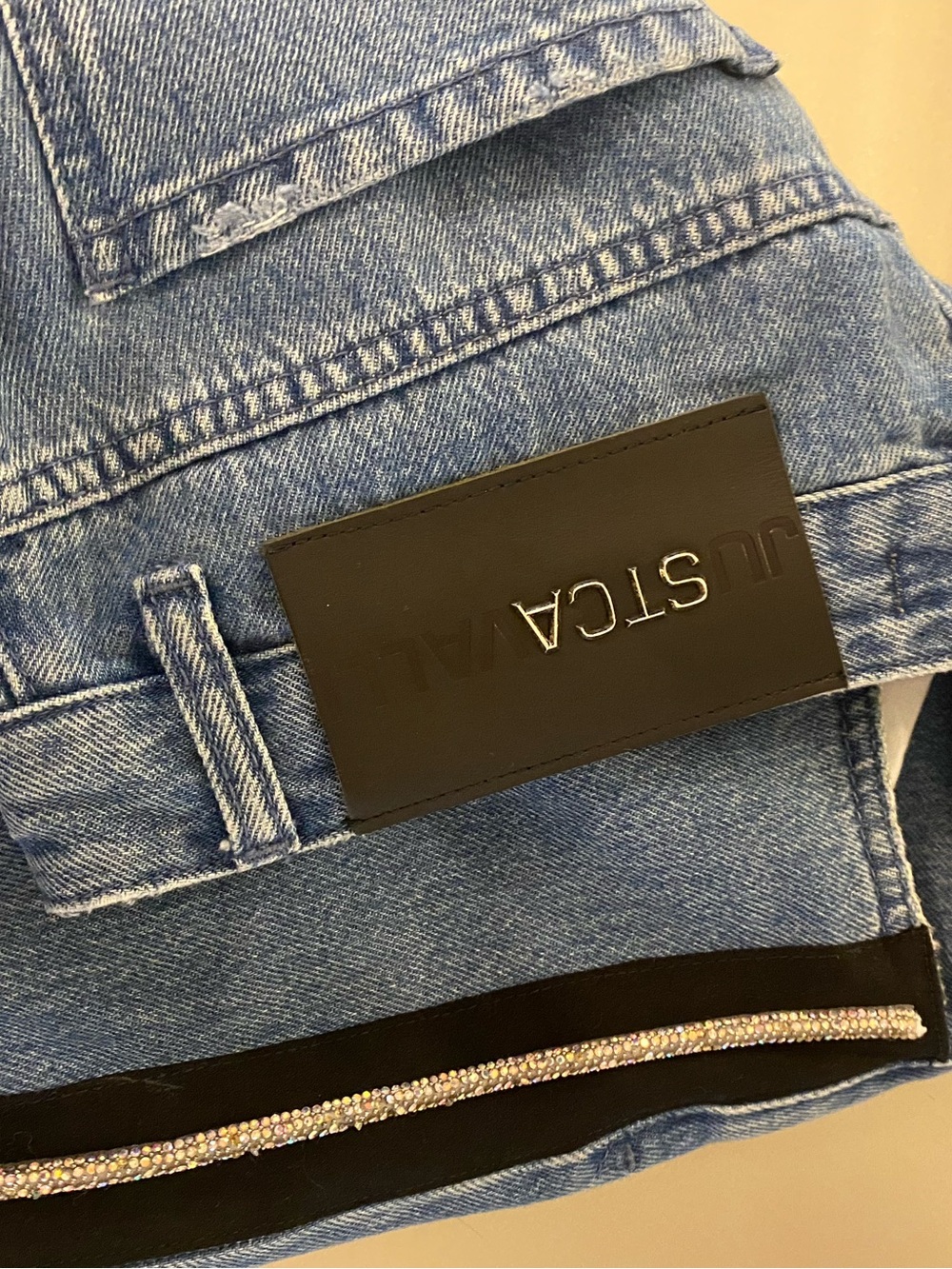 Just Cavalli Light Blue Denim Jeans with Black Trim and Crystal Accent